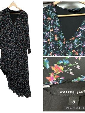 Walter Baker Black Floral Asymmetric Ruffle Maxi Dress